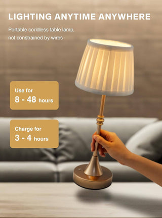 Cordless Rechargeable Fabric Shade Bedside Gold Lamps