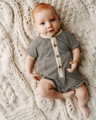 Kangaroo Pocket Romper- Stripe- Charcoal
