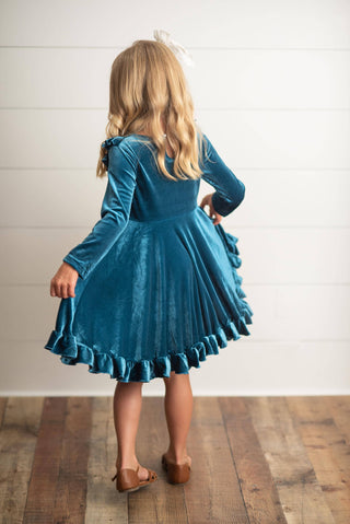 Kids Velvet Teal Ruffle Fancy Winter Christmas Holiday Dress