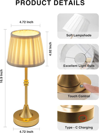 Cordless Rechargeable Fabric Shade Bedside Gold Lamps