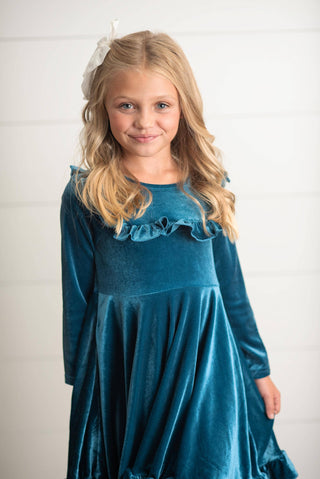 Kids Velvet Teal Ruffle Fancy Winter Christmas Holiday Dress