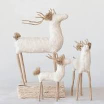 Quilted cotton fabric and wire reindeer, Cream Color & Natural