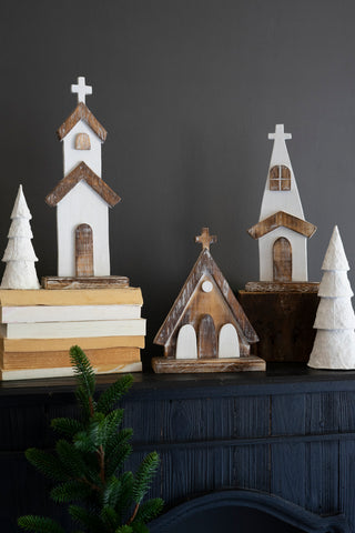 Set of 3 White-Washed Wooden Churches