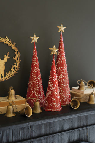 Set of 3 Red & White Christmas Topiaries with Gold Metal Stars