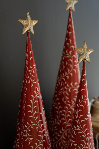 Set of 3 Red & White Christmas Topiaries with Gold Metal Stars