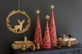 Set of 3 Red & White Christmas Topiaries with Gold Metal Stars