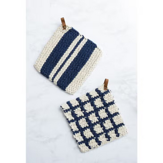 Knitted Pot Holders - Navy and Cream striped