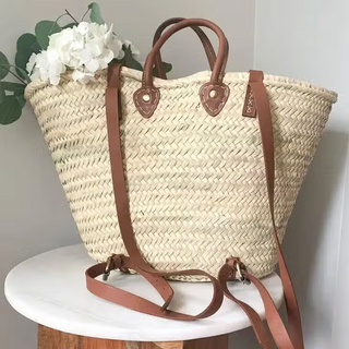 Straw Bag Handmade Leather, French Market Basket Backpack