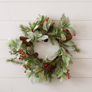 Mini Wreath - Glittered Lamb Ears, Berries And Pinecones